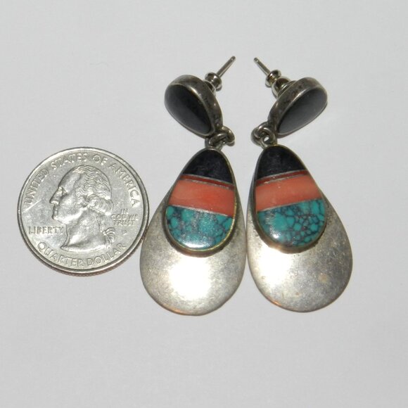 Navajo John Charley Silver 925 - Turquoise Lapis Inlay Earrings 13.3g - Picture 6 of 11